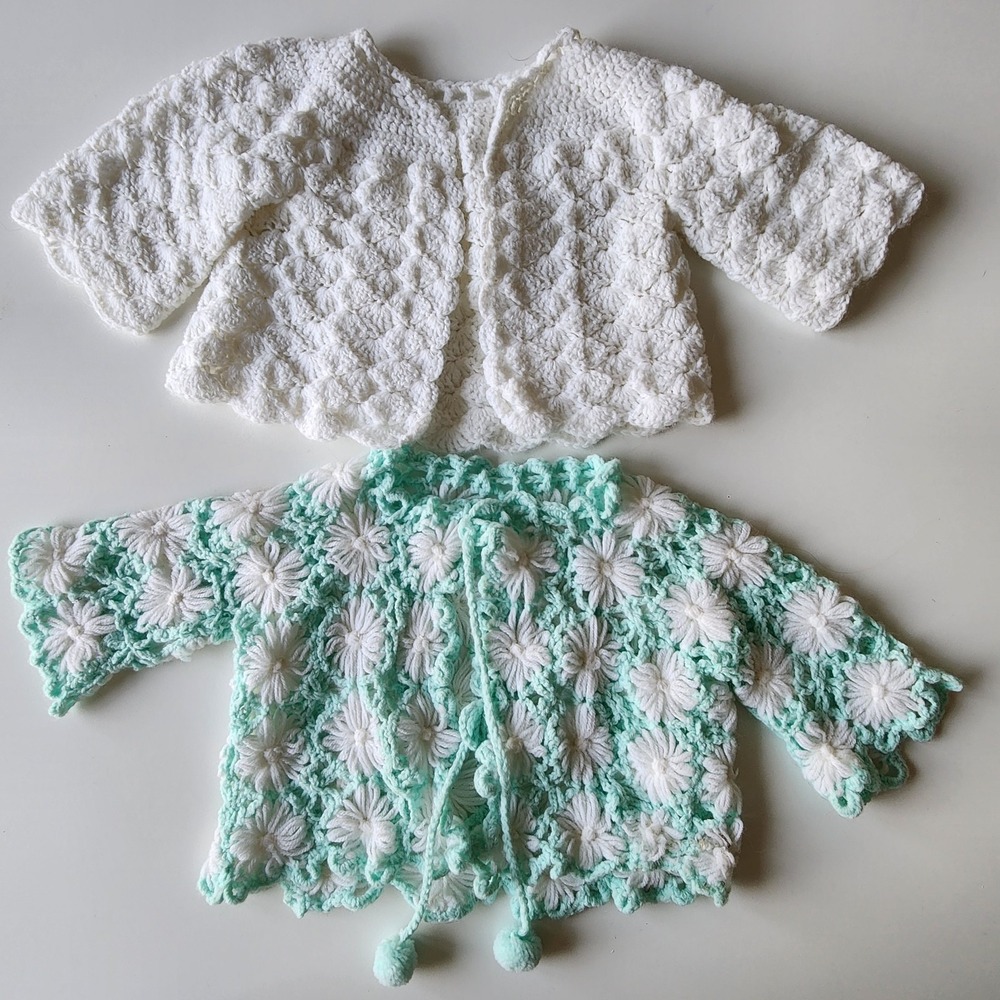 Vintage Baby Cardigans 6-12 Months Handmade Crochet Sweater‎ Girl Daisies Loopy